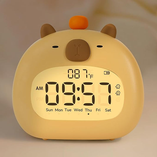 Capybara Alarm Clock with Night Light for Kids – Cute Digital Sleep Trainer with LED Display, 3 Alarms, Countdown Timer, Adjustable Brightness – Rechargeable Bedside Clock for Boys and Girls