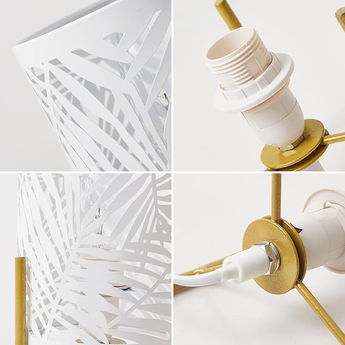 OuXean Decorative Table Lamp, Golden Tripod Stand with White Metal Hollowed Lampshade, Night Light for Bedside, E12 40W, No Bulb
