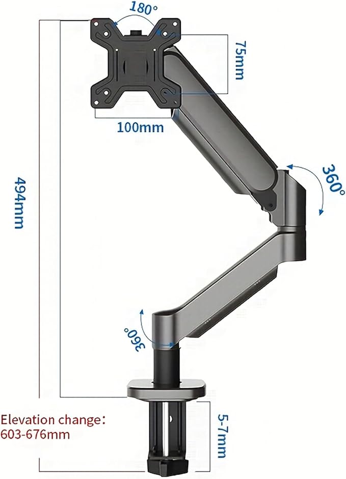 Ultrawide Monitor Arm for 13 to 32 inch Flat/Curved Computer Screen, Gas Spring Single Monitor Mount Holds up to 17.63 lbs, Clamp & Grommet Base, VESA 75x75/100x100mm, Black