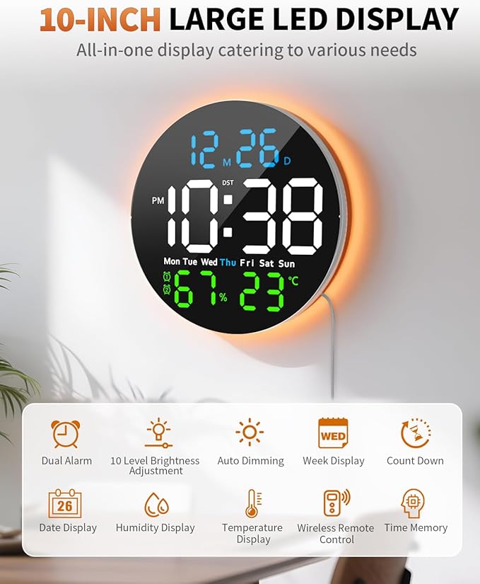 10 Inch Large Digital Wall Clock with 9 Color Changing Remote Control, Date Week Temperature, Auto Brightness Dimmer Clock Night Lights,Blue+Green