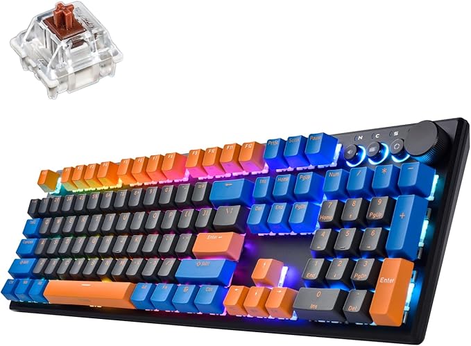 iRocks K74R Wireless RGB Illuminated Mechanical Gaming Keyboard, Hot-Swappable Switches, Floating Design, PBT 107 Keys NKRO, Detachable USB-C Cable - Midsummer Black (Brown Switches)