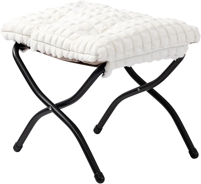 HollyHOME 15"(H) Folding Footrest Stool, Upholstered Small Foldable Ottoman, Accent Padded Sofa Foot Stool for Lazy Chair, Metal Portable Foot Rest Ottoman for Living Room, Bedroom, Faux-Fur White