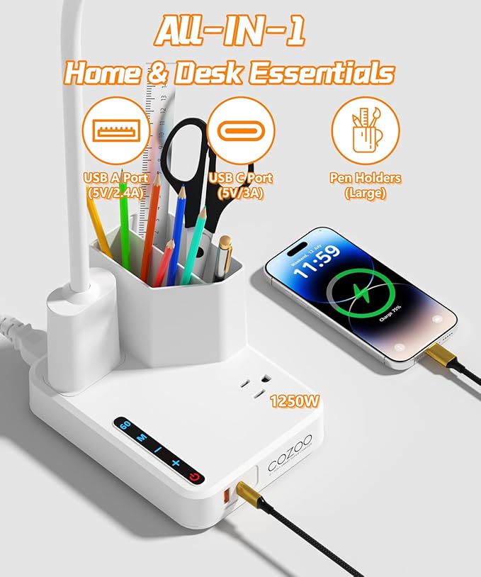 Desk Lamp, LED Desk Lamps for Home Office with 2 USB Charging Port/Outlet/Organizer,Desk Lamp for College Dorm Eye-Caring Study Light,Gooseneck Table Lamp with Pen Holders/Storage,9 Lighting Modes