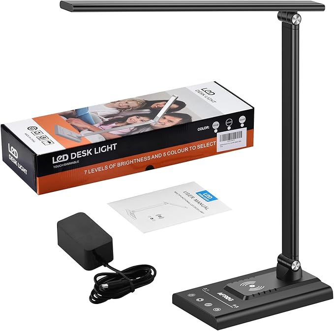 AFROG 5th Gen Multifunctional LED Desk Lamp with 10W Fast Wireless Charger, USB Charging Port,1800Lux Super Bright,5 Lighting Mode,7 Brightness, Touch Control, Auto Timer, 15W Office Table Lamp