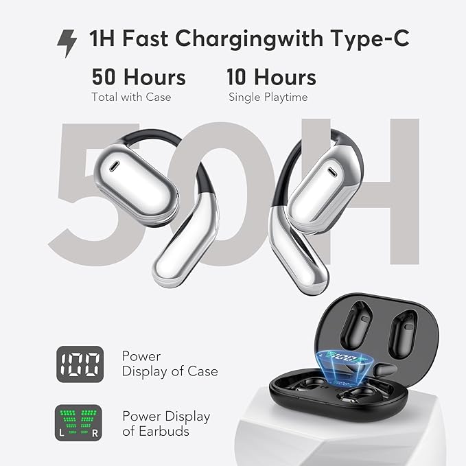 Open Ear Bluetooth 5.4 Earbuds, Wireless Headphones Sport Over Earphones Built-in Mic with Ear Hooks 50H Playtime with LED Display Charging Case Ergonomic IPX7 Waterproof for Running Fitness