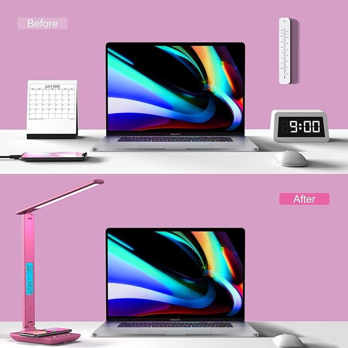 poukaran Desk Lamp, LED Desk Lamp with Wireless Charger, USB Charging Port, Table Lamp with Clock, Alarm, Date, Temperature, Office Lamp, Desk Lamps for Home Office, Pink