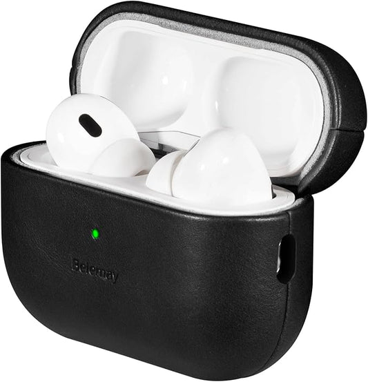 Belemay for AirPods Pro 2nd Generation Case, Compatible with MagSafe and Wireless Charging, Luxury Full-Grain Smooth Leather, Unique Patina, Comfort Grip, Compatible with Airpods Pro 2, Black