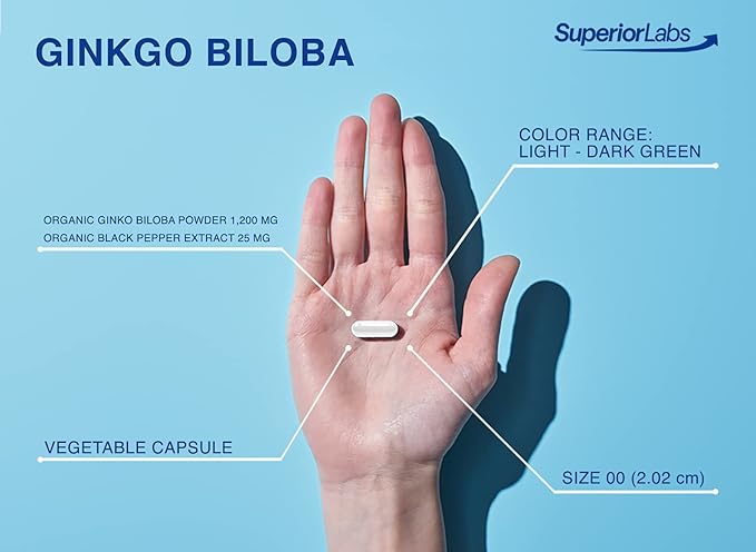SuperiorLabs Ginkgo Biloba 1200 mg, Non-GMO, Black Pepper for Increased Absorption, Ginkgo Extract, Improves Memory & Focus, Circulation Booster, Natural Antioxidant Nootropic, 120 Veg Caps