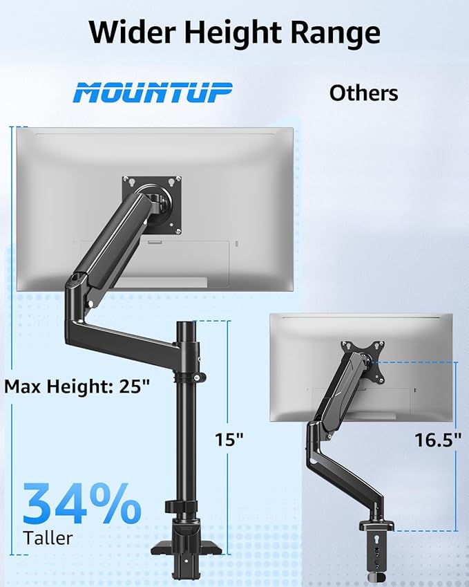 MOUNTUP Heavy Duty Monitor Arm Fits Max 49" Ultrawide Screens, Ultra Wide Monitor Arm Holds 4.4-44 lbs, Single Monitors Stand for Samsung Odyssey G9 and More, Gas Spring Height Adjustable, VESA Mount