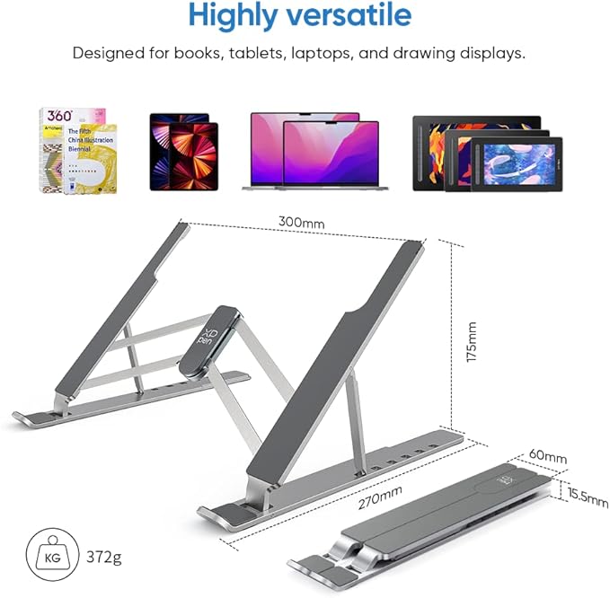 XPPen Drawing Tablet Stand for Desk,Silver Portable Holder for Graphics Tablet&Pen Display, Aluminum Computer Riser Compatible with 10 to 15.6 Inch Laptops and Drawing Tablets,Portable and Adjustable