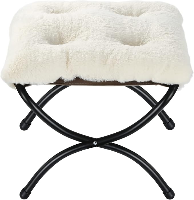 15" Foldable Foot Stool Ottoman with Metal Frame - Washable Faux Fur Beige Upholstered Indoor/Outdoor Footrest for Living Room, Bedroom, Patio - Space-Saving Compact Design