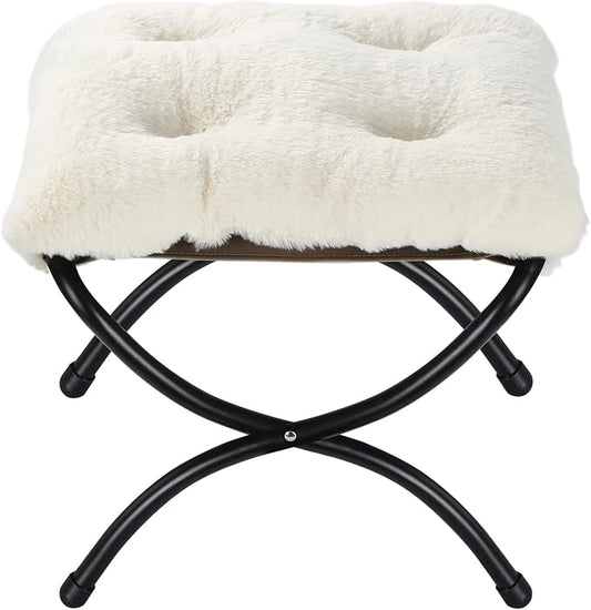 15" Foldable Foot Stool Ottoman with Metal Frame - Washable Faux Fur Beige Upholstered Indoor/Outdoor Footrest for Living Room, Bedroom, Patio - Space-Saving Compact Design