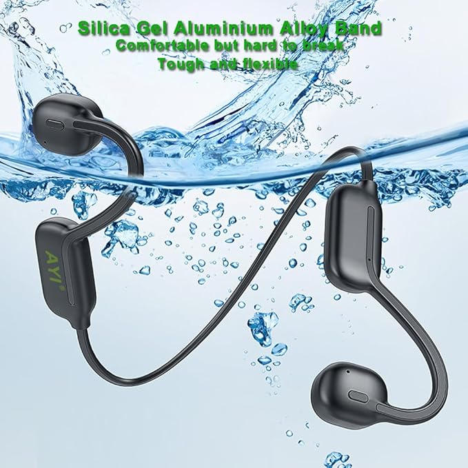 AYI Professional Swim Headphones True Bone Conduction Open Ear Headset MP3 Player Built-in 32G Memory IP68 Underwater Waterproof Bluetooth Earphone for Driving Bicycling Running Skiing-White