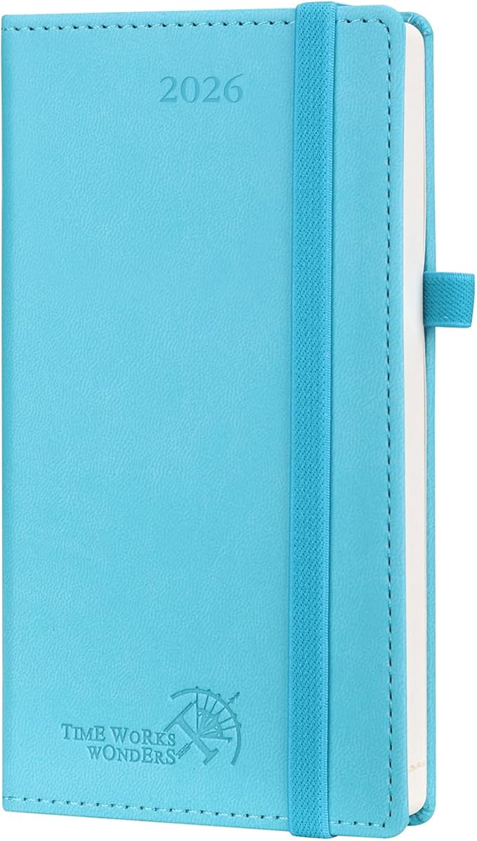 POPRUN Pocket Calendar 2026 (Slim Size-3.5'' x 6.5''), 12 Months (Jan. - Dec. 2026) Small Planner Weekly and Monthly for Purse with Pen Holder, Storage Pocket, Vegan Leather Hardcover - Blue Green