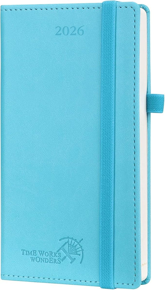 POPRUN Pocket Calendar 2026 (Slim Size-3.5'' x 6.5''), 12 Months (Jan. - Dec. 2026) Small Planner Weekly and Monthly for Purse with Pen Holder, Storage Pocket, Vegan Leather Hardcover - Blue Green