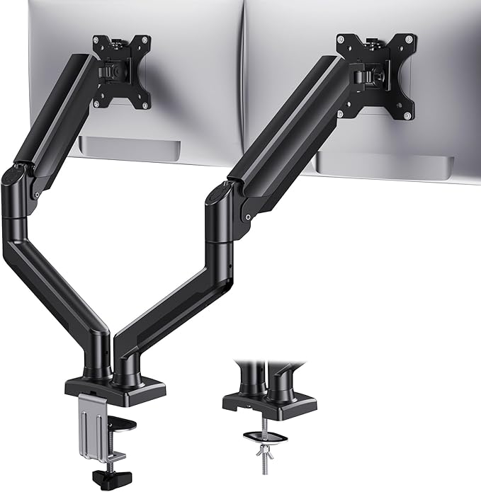 HUANUO Dual Monitor Mount for 2 Monitors up to 32 inches, Each Arm Holds Max 22lbs, Dual Monitor Stand with Gas Spring System, Height-Adjustable/Tilt/Swivel/Rotate, VESA Standard 75mm or 100mm