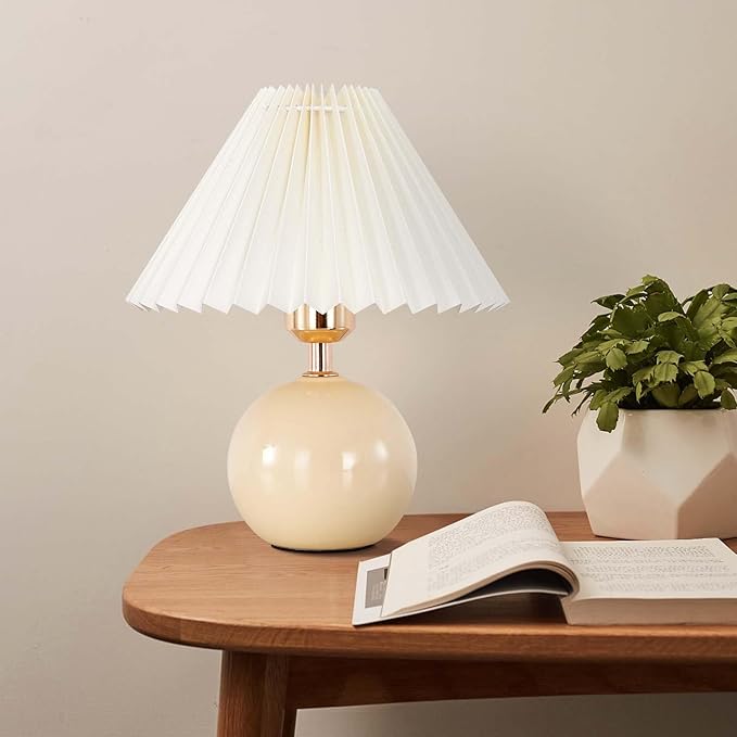 Bedside Table Lamp for Bedroom, Cute Small Pleated Lamps for Nightstand, Modern Circular Ceramic Night stand Lamps, Night Light, Decor Desk Lamp for Living Room Kids Room Dorm Office With E26 LED Bulb