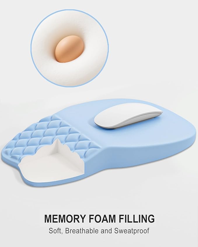 Auhoahsil Ergonomic Mouse Pad with Wrist Rest, Comfortable Slope Computer Mouse Mat with Wrist Support, Memory Foam Filling, Non-Slip Silicone Base, Pain Relief for Gaming Work, 8" x 12", Light Blue