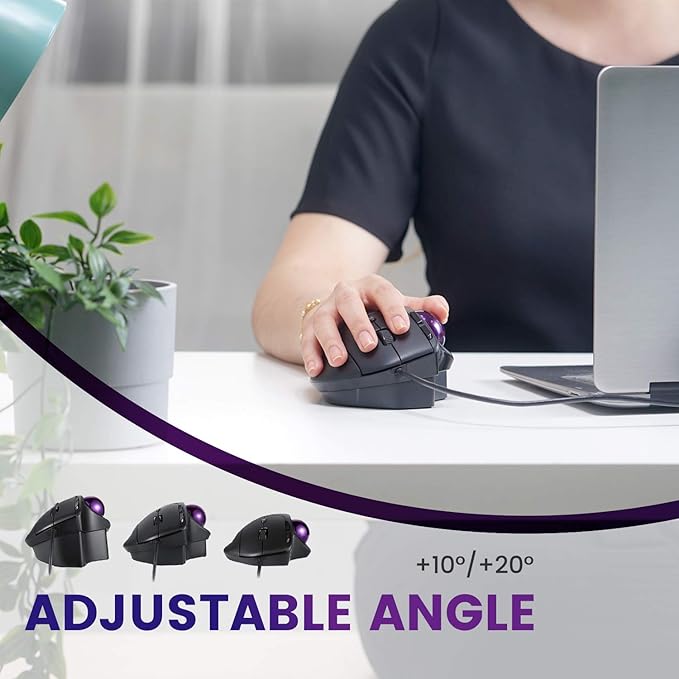 Perixx PERIMICE-520 Wired USB Ergonomic Programmable Trackball Mouse, Adjustable Angle, 8 Button Design, Black (PM-520-11447)