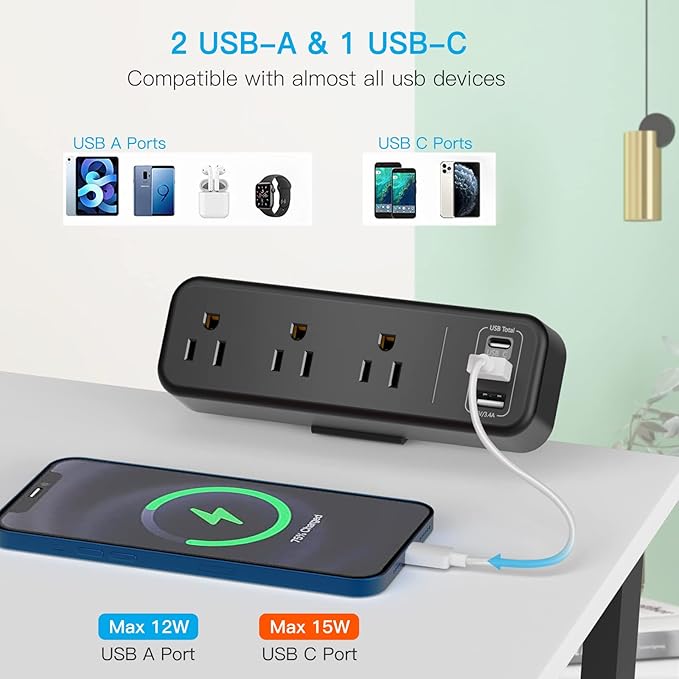 3 Outlet Desk Clamp Power Strip with USB C, Black Flat Plug Desktop Edge Clamp Power Socket Connect 6.5 ft Thin Extension Cord for 1.6 inch Tables
