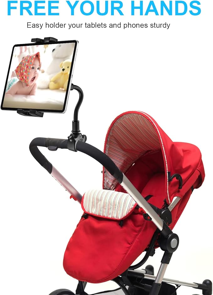 Gooseneck iPad Holder for Stroller, Adjustable Phone Tablet Holder Mount Pole Clamp for Baby Stroller, Shopping Cart, Indoor Cycling, Fit for iPad Pro/Mini/Air, iPhones, Galaxy Tab, 4.7-13" Devices