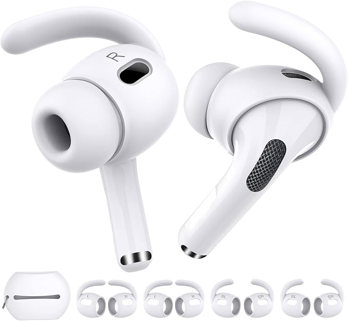 AhaStyle 4 Pairs AirPods Pro 2 Ear Hooks【Added Storage Pouch】 Anti-Slip Ear Covers Silicone Accessories Compatible with Apple AirPods Pro 2nd Generation (2 Large+2 Small, White)