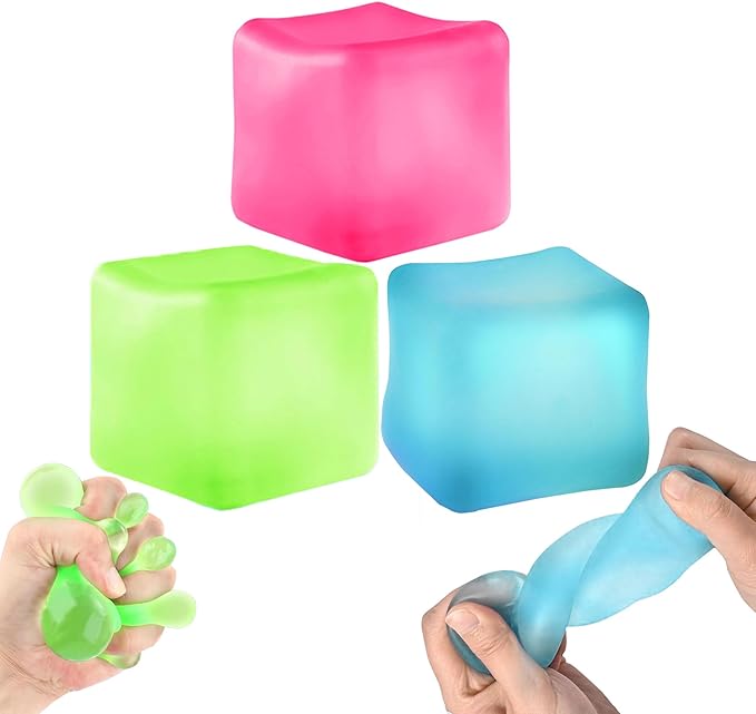3Pcs Stress Cube Squishy Toys, Slow Rising Ice Cube Stress Balls, Sensory Fidget Toys for Anxiety Relief, Sensory Ice Nee Cube Gel Filled Squishy Ball Toys for ADD/ADHD Kids Adults(Blue, Green, Pink)