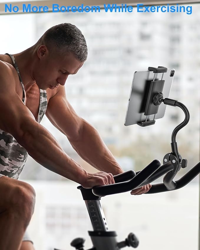 Gooseneck Tablet Holder with Flexible Long Arm, Anti-Slip iPad Clamp Mount for Treadmill/Spin Bike/Stroller/Wheelchair/Elliptical/Boat/Mic Stand/Peloton/Indoor Cycle, Fits 4-13" Device