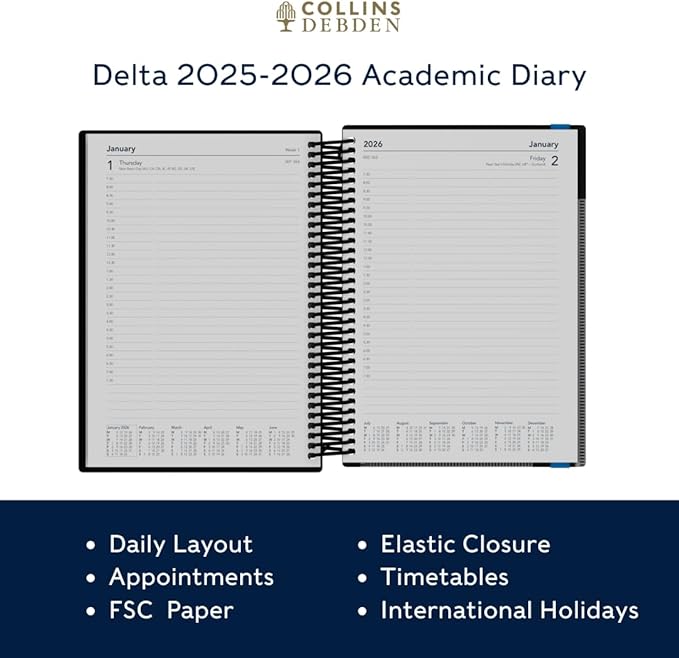 Collins 'Delta' 14 Month Mid/Academic Year Planner, July 2025-August 2026 Day-to-Page Appointments Diary, A5 Wiro Bound Cover, Blue