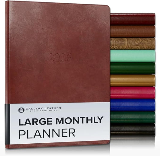 Gallery Leather Large Monthly Planner 2025-2026, Elegantly Bound Calendar Planner and Notebook with Stylish Gold-Gilded Page Edges, 18 Months - Acadia Tan - 9.75x7.5"