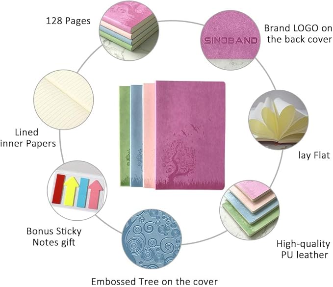 SINOBAND 4 Pieces Journals for Writing, A5 Paperback Colorful Notebooks, PU Leather Soft Cover, Lined Paper, Subject Notebooks for School and Office (Random Color)