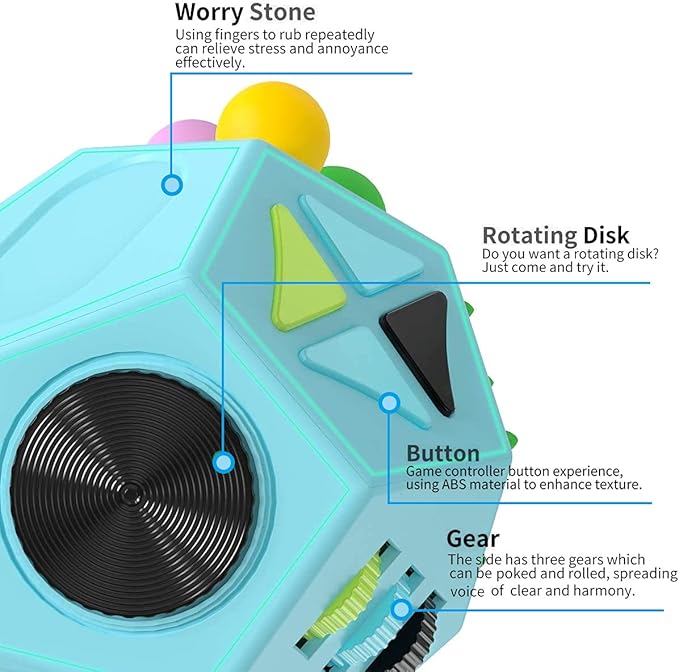 PAPOLGO Fidget Toys,ADHD Fidget Toys,Autism Fidget Toy,12 Side Cube Toys Stress Relief,Anti Anxiety,Focus,Boredom for Kids and Adults (Blue / B3)