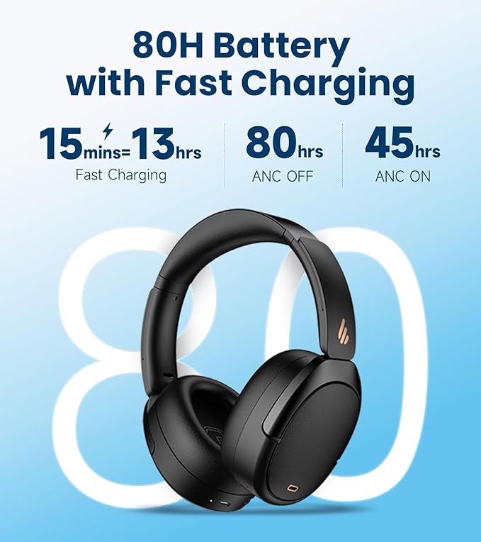 Edifier WH950NB Gen 2 Wireless Hybrid Active Noise Cancelling Headphones, Hi-Res Audio with LDAC 8-Level ANC, Spatial Sound 80H Playtime Bluetooth 5.4 Foldable 3.5mm AUX, Travel Case - Black