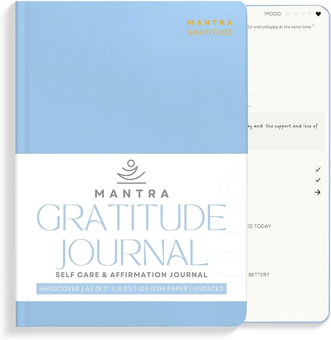 Gratitude Journal For Women & Men - Mental Health, Self Love & Self Care Journal - Blue - 5.8" x 8.3" - Mantra Planner