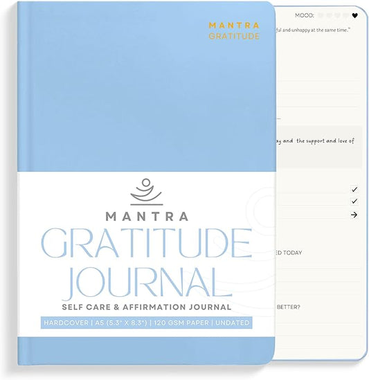 Gratitude Journal For Women & Men - Mental Health, Self Love & Self Care Journal - Blue - 5.8" x 8.3" - Mantra Planner