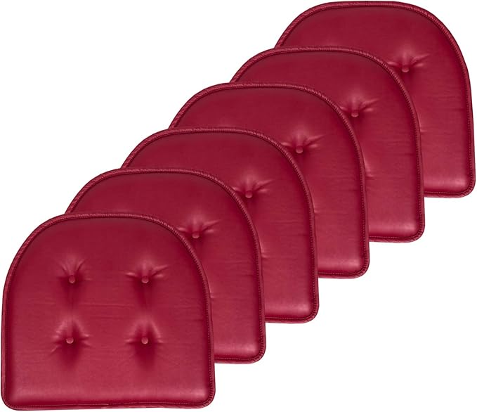 Sweet Home Collection Chair Cushion Memory Foam Pads Tufted Slip Non Skid Rubber Back U-Shaped 17" x 16" Seat Cover, 6 Pack, Faux Leather Burgundy Red, (Pack of 2)