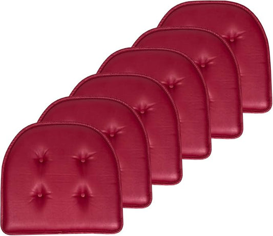 Sweet Home Collection Chair Cushion Memory Foam Pads Tufted Slip Non Skid Rubber Back U-Shaped 17" x 16" Seat Cover, 6 Pack, Faux Leather Burgundy Red, (Pack of 2)