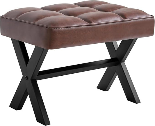 IBUYKE Small 12" H Footrest Stool, Square PU Foot Stool with Metal X-Leg, Multi-Use as Small Side Table, Step Stool for Living Room, Bedroom, Entryway, Office, Dark Brown WBD012Z