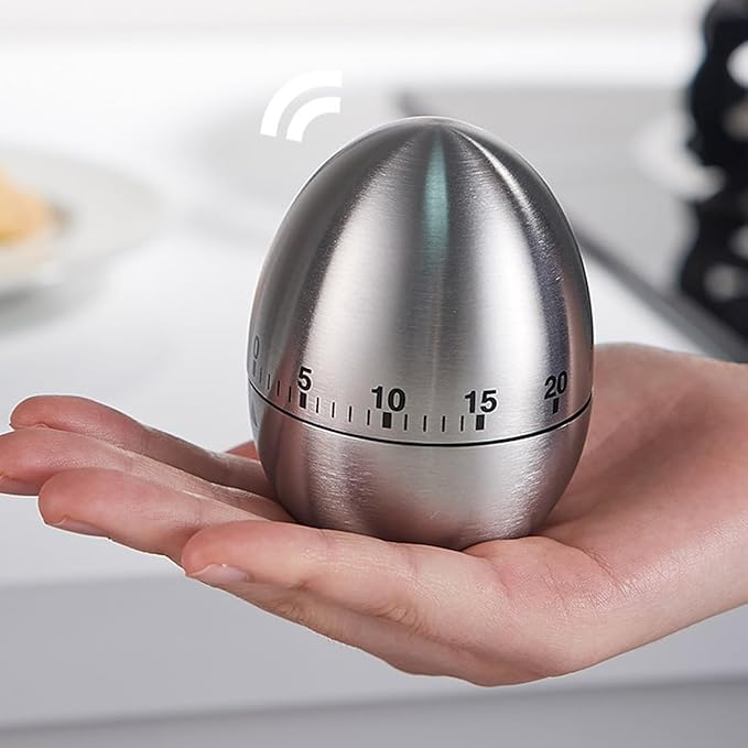 Egg Kitchen Timer Manual, Stainless Steel Mechanical Rotating Alarm 60 Minutes Count Down Cute Egg-Shaped Timer for Kitchen Cooking Learning Kids Sports