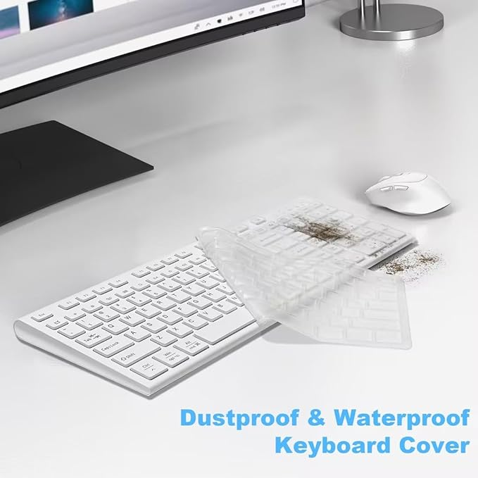 FENIFOX Wireless Keyboard Mouse Combo, Ergonomic Rechargeable Silent Quiet Slim Compact Full-Size USB C with Number Pad Flat Soft Cover for PC Computer Laptop Mac MacBook iMac TV Windows OS - White