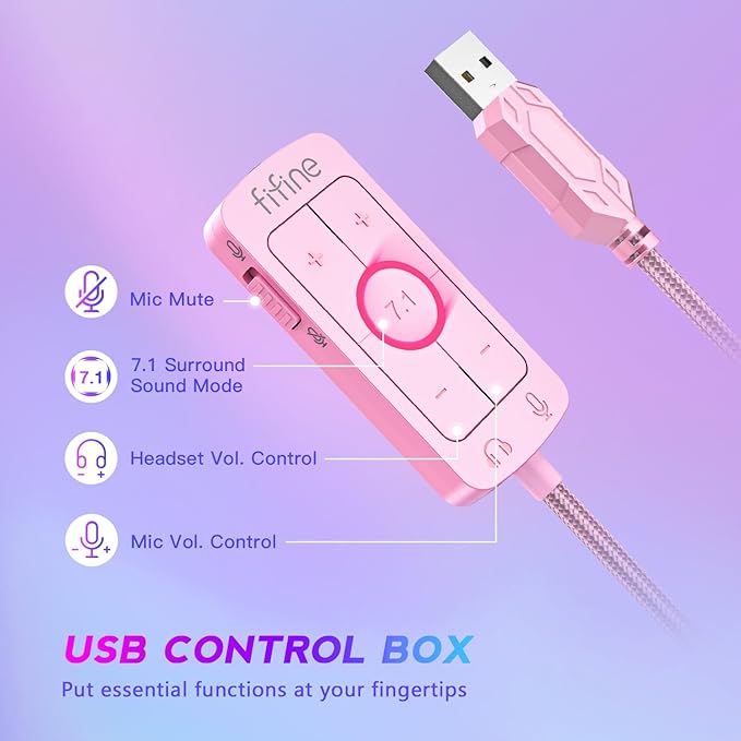 FIFINE USB Gaming Headset, PC Over-Ear Wired Streaming Headset with 3.5mm Jack, Detachable Microphone, 7.1 Surround Sound, Control Box, Passive Noise Cancellation, for PS5/Xbox/Switch-H9 Pink