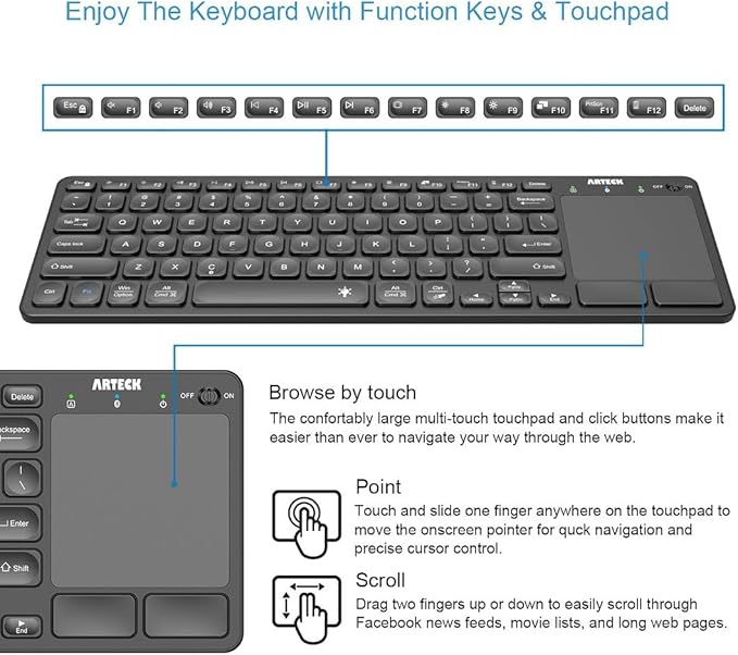Arteck Universal Backlit 7-Colors Bluetooth Touch TV Keyboard with Easy Media Control and Build-in Touchpad for TV-Connected Computer, Smart TV, Desktop, Laptop, iPad, Surface, Tablet, HTPC