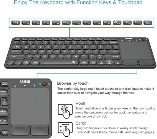 Arteck Universal Backlit 7-Colors Bluetooth Touch TV Keyboard with Easy Media Control and Build-in Touchpad for TV-Connected Computer, Smart TV, Desktop, Laptop, iPad, Surface, Tablet, HTPC