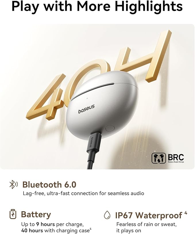 Baseus Bowie MC1 Pro Open Ear Clip-On Headphones, Hi-Res LDAC & HiFi4 Acoustic Sound, 5g Ultra-Lightweight Comfort, SuperBass 2.0, DNN 4-Mic AI Clear Calls, IP67 Waterproof, Bluetooth 6.0 (Titanium)