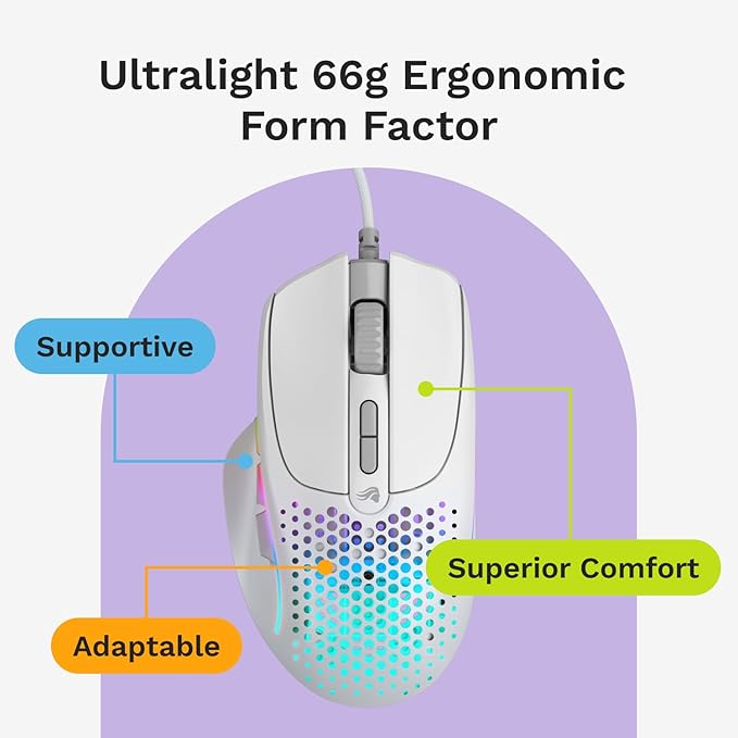 Glorious Gaming Model I 2 Wired Gaming Mouse: 9 Programmable Buttons (2 Swappable), 66g Superlight, 26k Optical Sensor, 80M Click Rated Switches, MMO/MOBA/FPS, Side Thumb Rest (White)