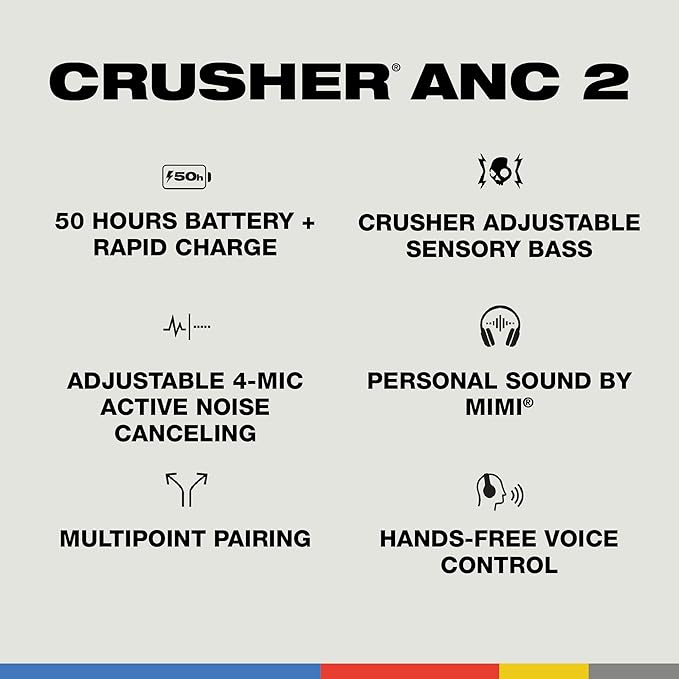 Skullcandy Crusher ANC 2 Over-Ear Noise Canceling Wireless Headphones with Sensory Bass and Extra Charging Cable, 50 Hr Battery, Microphone, Works with Bluetooth Devices - Preppy Summer Resort