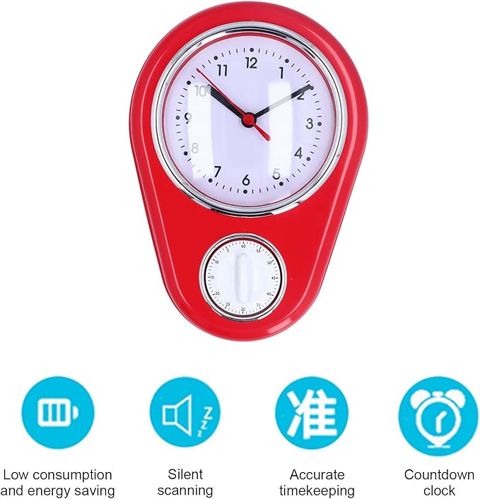 9 Inch Retro Kitchen Timer Wall Clock, Multifunction Innovative Precise Time Silent Operation Quartz Clock for Home Kitchen (Red)