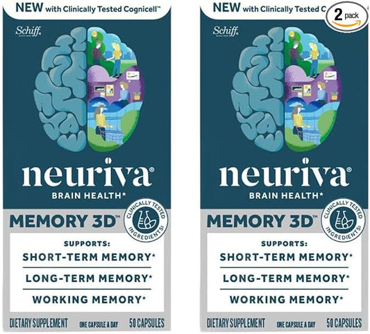 NEURIVA Memory 3D Brain Supplement - Nootropic Capsules for Memory, Focus & Cognitive Function - Short Term, Long Term, & Working Memory Support - 50ct - Pack of 2