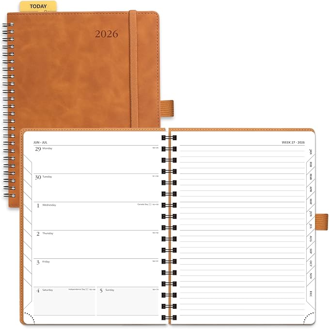 POPRUN 2026 Planner Weekly Notebook (Jan-Dec), Medium 8.5''x 6.5'' - Agenda 2026 Calendar Book with Monthly Tabs, Inner Pocket, Spiral Soft Cover, 100 GSM - Brown