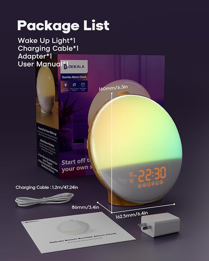 Dekala Sunrise Alarm Clock for Heavy Sleepers, Wood Grain Wake up Light Sunset Simulation, 7 Nature Sounds, Dual Alarms, Colorful Ambient Lamp, FM Radio, Snooze, Sleep Aid for Kids & Adults Bedroom